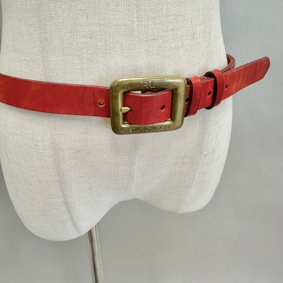 Ralph Lauren Red Leather Belt w/ Brass Buckle Size 34 RL MCMLXVII Made in Italy - Picture 4 of 16